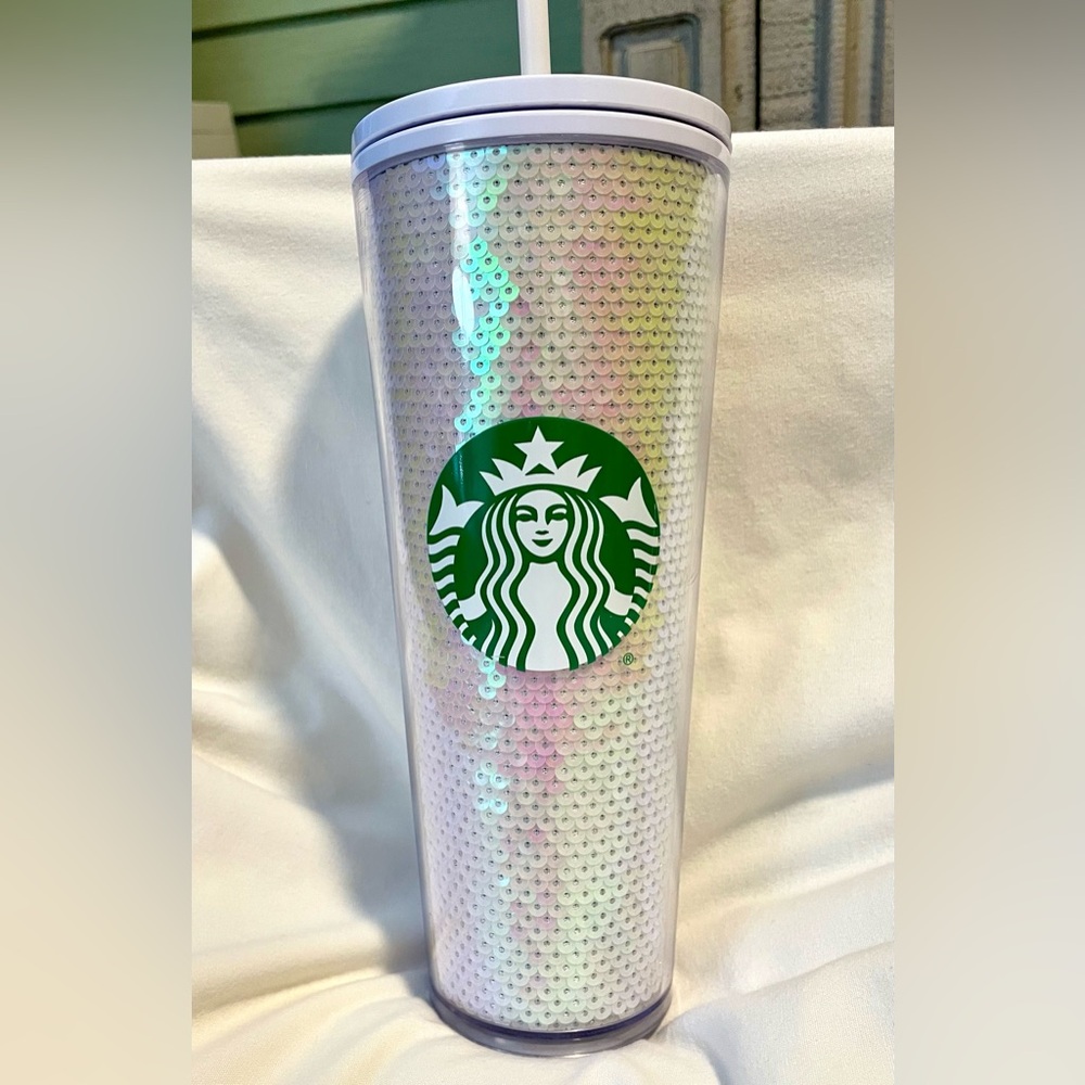 *EUC* STARBUCKS Holiday 2020 24oz Tumbler - White Sequin - Iridescent-Pink Straw